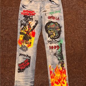 Men's Light Blue Graphic Print Straight Jeans Flames Skull Street Art 1990s